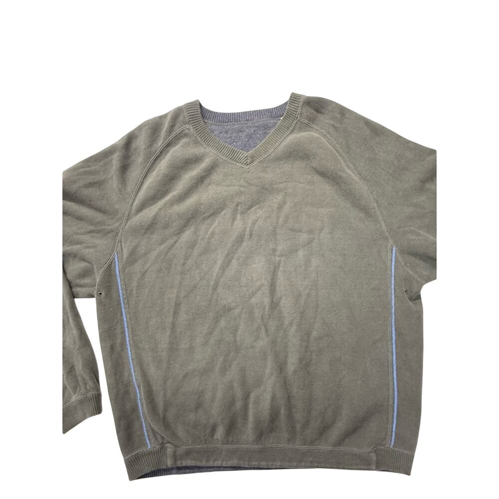 Vintage Olive Green Tommy Bahama Men’s L V-Neck Sweater with Light Blue Acents